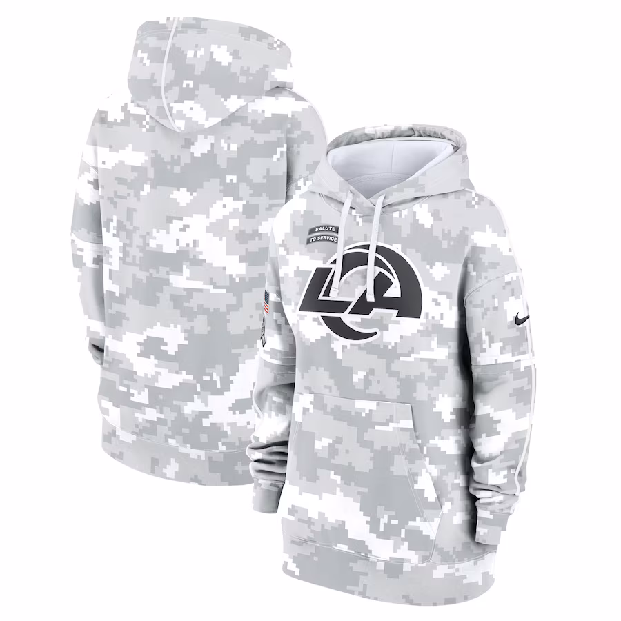 Women's Los Angeles Rams Nike Arctic Camo 2024 Salute To Service Club Fleece Pullover Hoodie - Puhuasuan