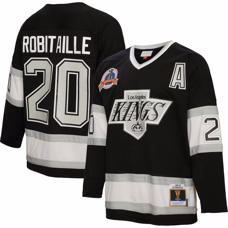 Men's Los Angeles Kings Luc Robitaille Mitchell & Ness Black Alternate Captain Patch 1992/93 Blue Line Player Jersey - Puhuasuan
