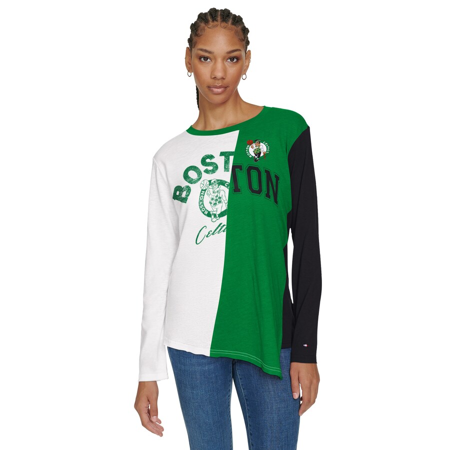 Women's Boston Celtics Tommy Jeans White/Kelly Green Amelia Color Blocked Long Sleeve T-Shirt - Puhuasuan