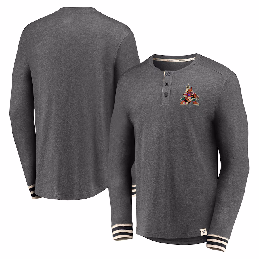 Men's Arizona Coyotes Fanatics Heathered Charcoal True Classics Henley Long Sleeve T-Shirt - Puhuasuan