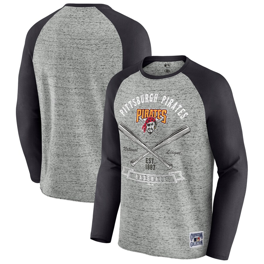 Men's Pittsburgh Pirates Darius Rucker Collection by Fanatics Heather Gray Raw Edge Raglan Long Sleeve Baseball T-Shirt - Puhuasuan