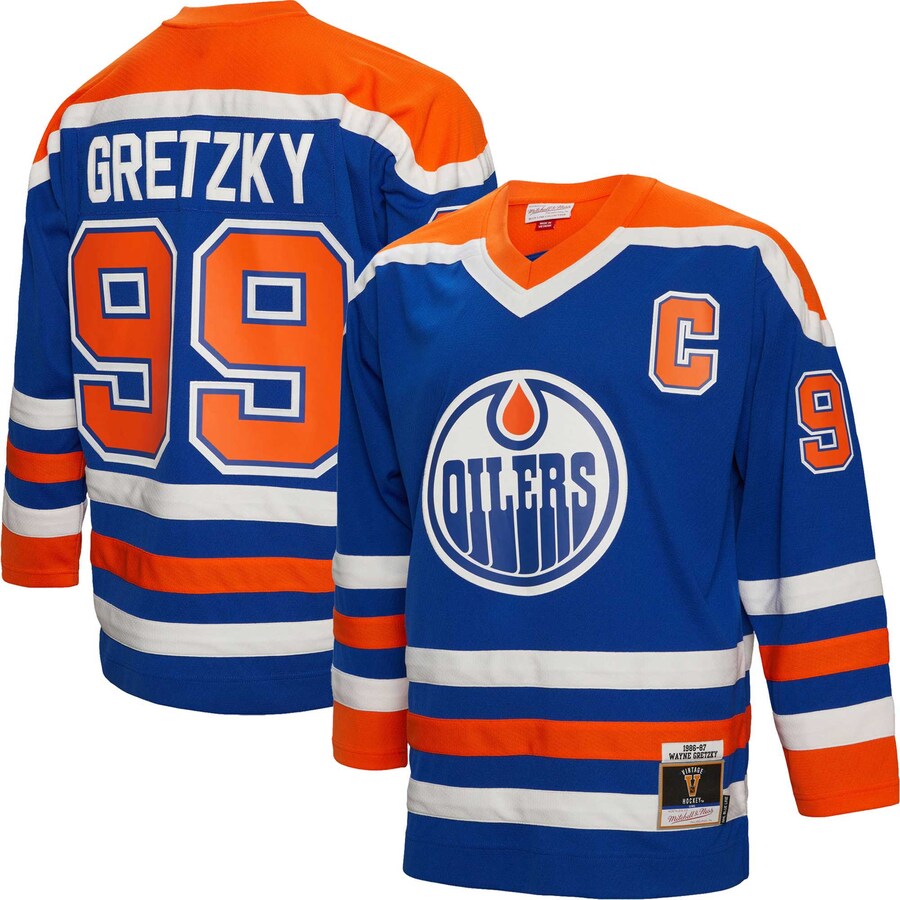 Men's Edmonton Oilers Wayne Gretzky Mitchell & Ness Royal 1986/87 Captain Patch Blue Line Player Jersey - Puhuasuan