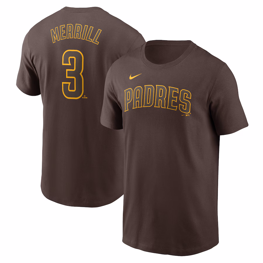 Men's San Diego Padres Jackson Merrill Nike Brown Fuse Name & Number T-Shirt - Puhuasuan