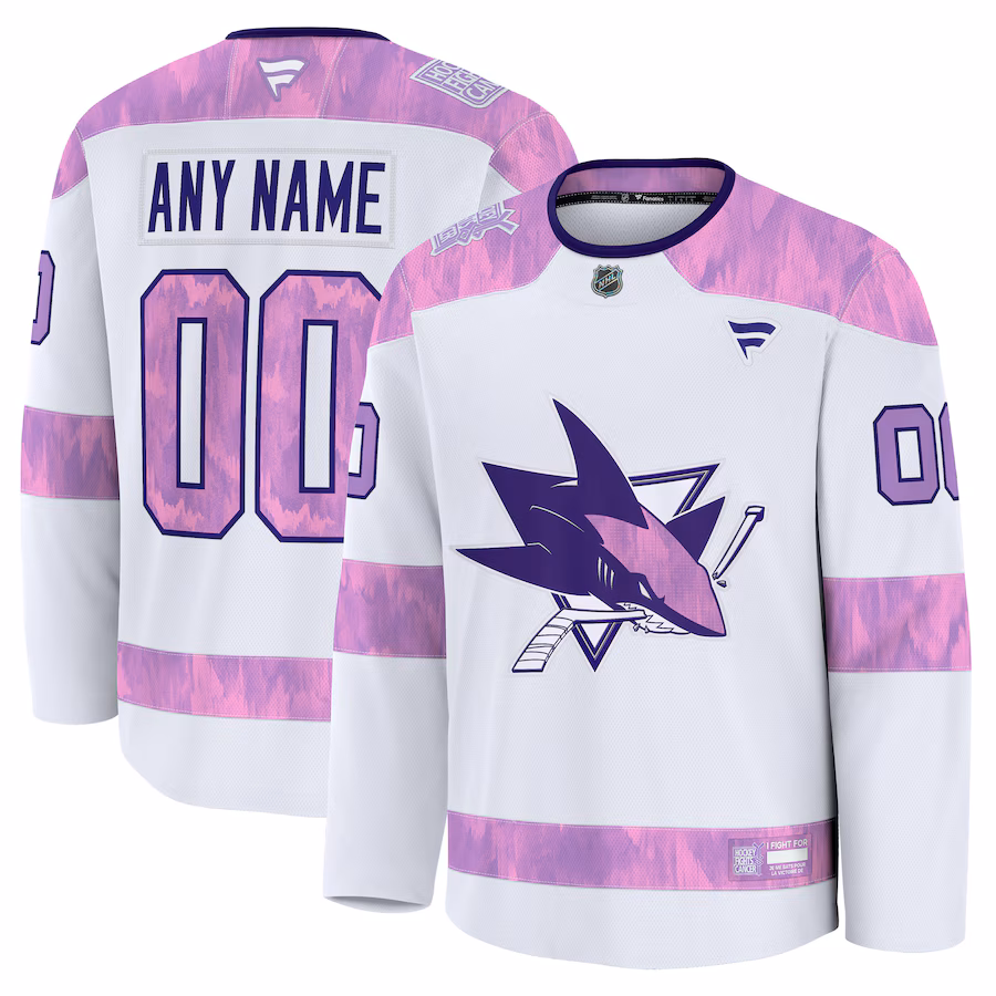Men's San Jose Sharks Fanatics White 2024 Hockey Fights Cancer Custom Practice Jersey - Puhuasuan