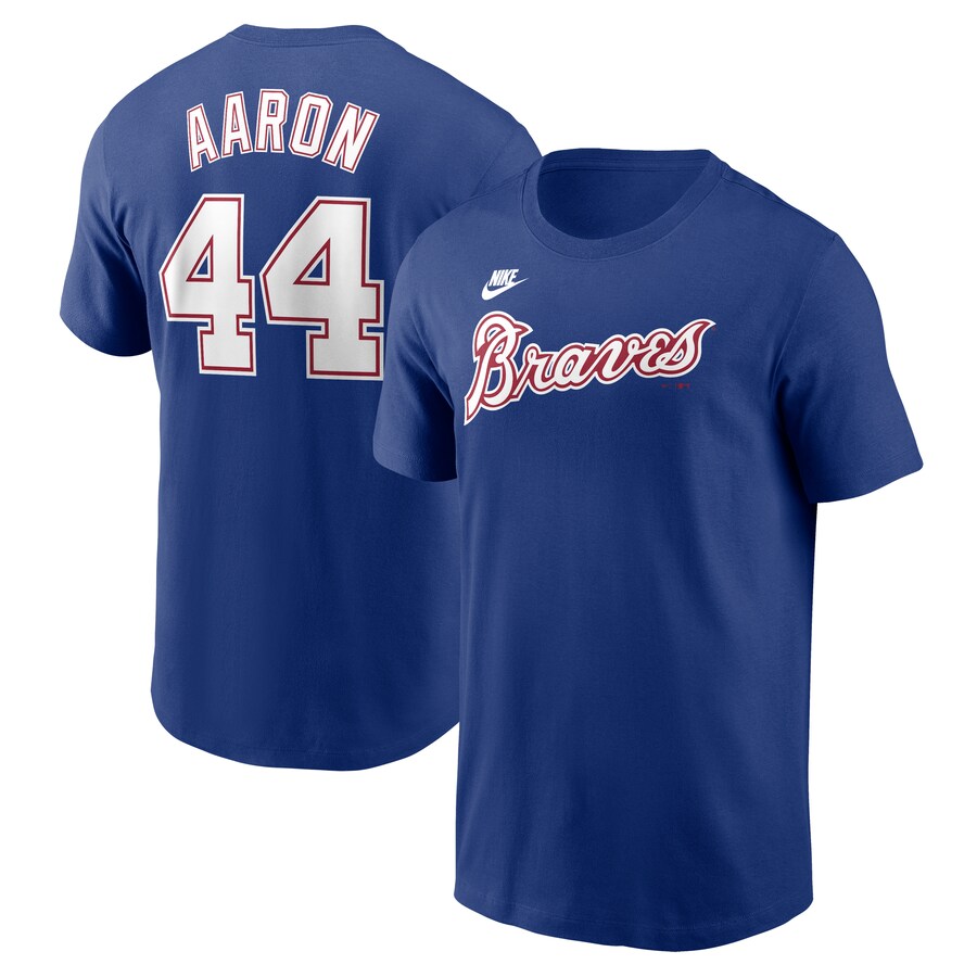 Men's Atlanta Braves Hank Aaron Nike Royal Cooperstown Collection Fuse Name & Number T-Shirt - Puhuasuan