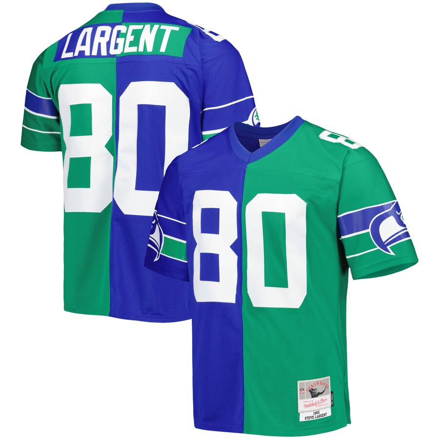 Men's Seattle Seahawks Steve Largent Mitchell & Ness Royal/Green 1985 Split Legacy Replica Jersey - Puhuasuan
