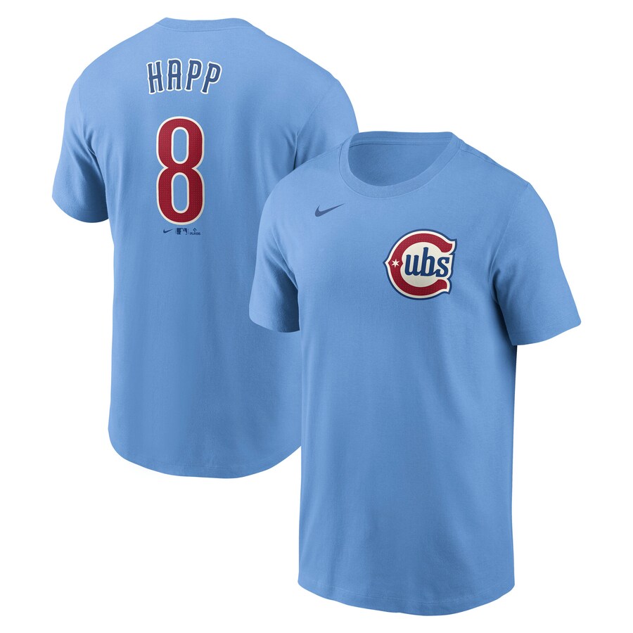 Men's Chicago Cubs Ian Happ Nike Baby Blue Fuse Name & Number T-Shirt - Puhuasuan
