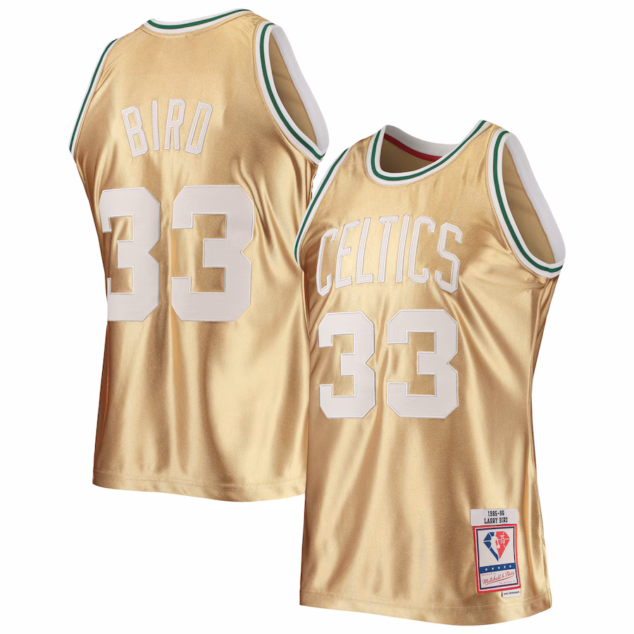 Men's Boston Celtics Larry Bird Gold Mitchell & Ness 75th Anniversary 1985/86 Hardwood Classics Swingman Jersey - Puhuasuan