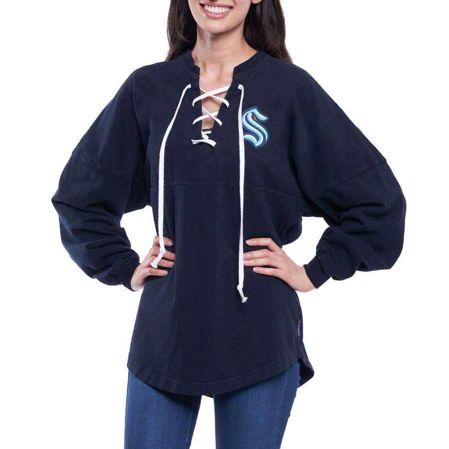 Women's Seattle Kraken Fanatics Navy Lace Up Long Sleeve Spirit Top - Puhuasuan