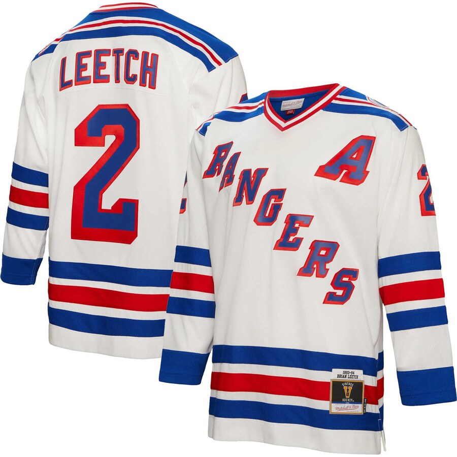 Men's New York Rangers Brian Leetch Mitchell & Ness White 1993/94 Alternate Captain Patch Blue Line Player Jersey - Puhuasuan