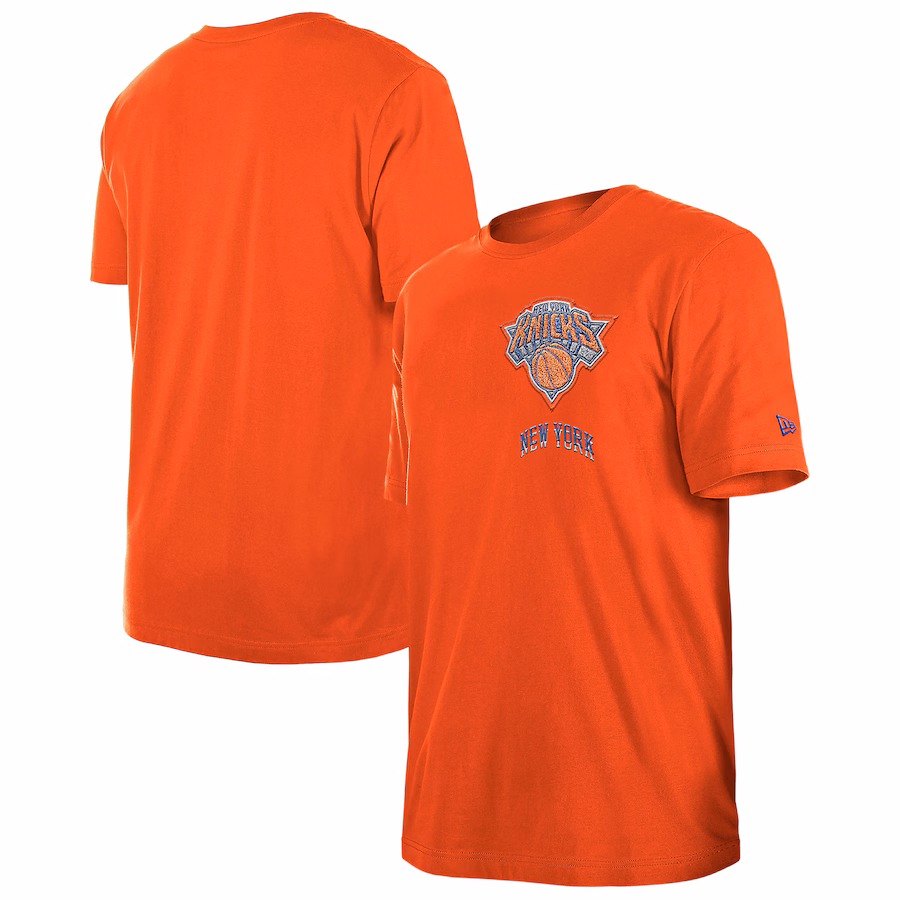 Men's New York Knicks  New Era Orange 2024/25 City Edition Chenille Heavyweight T-Shirt - Puhuasuan