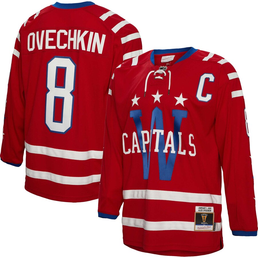Men's Washington Capitals Alexander Ovechkin Mitchell & Ness Red 2015 Captain Patch Blue Line Player Jersey - Puhuasuan