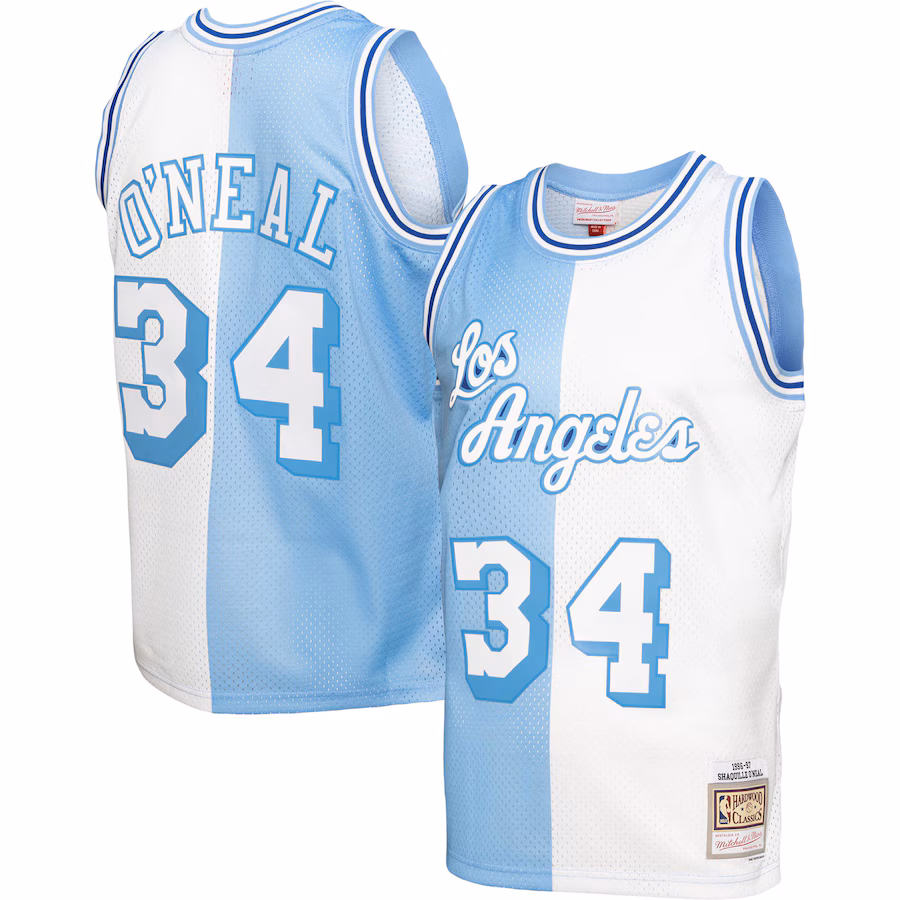 Men's Los Angeles Lakers Shaquille O'Neal Mitchell & Ness Powder Blue/White Big & Tall Hardwood Classics 1996/97 Split Swingman Jersey - Puhuasuan