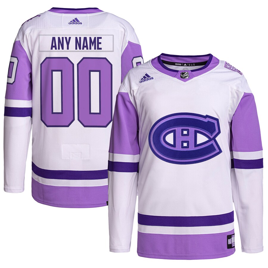 Men's Montreal Canadiens adidas White/Purple Hockey Fights Cancer Primegreen Authentic Custom Jersey - Puhuasuan
