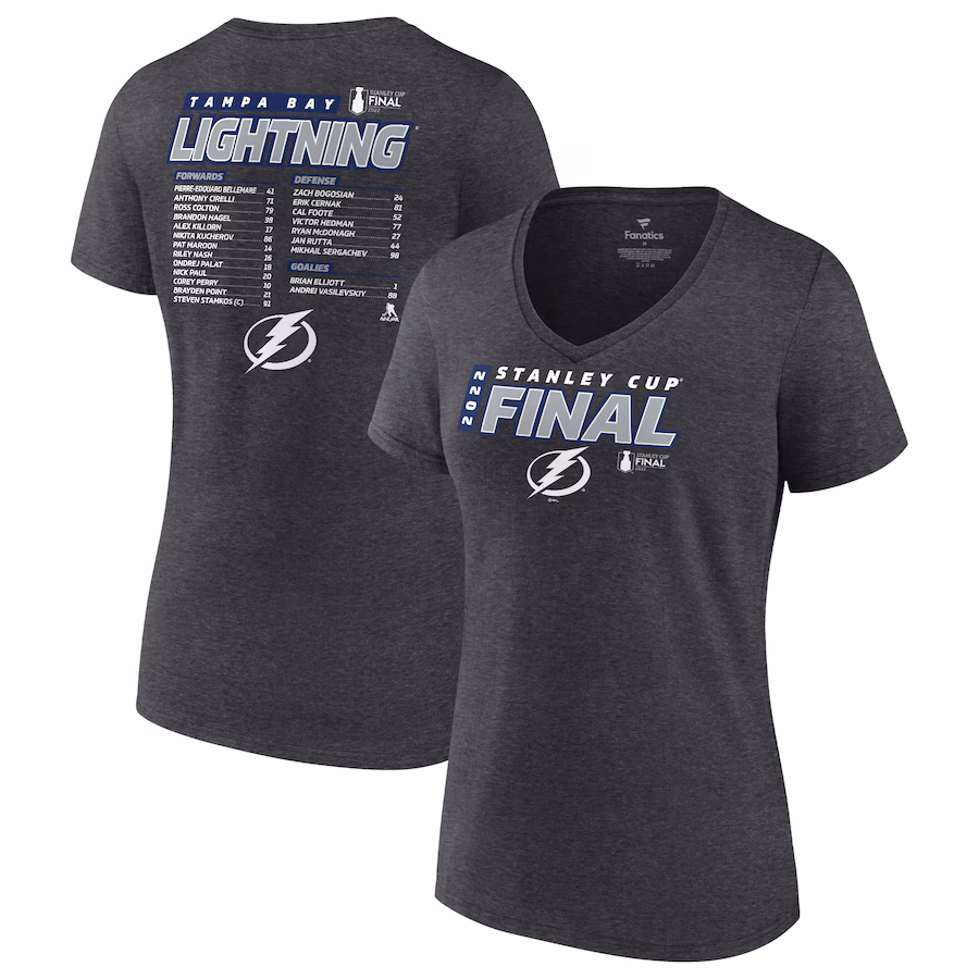 Women's Tampa Bay Lightning Fanatics Heathered Charcoal 2022 Stanley Cup Final Own Goal Roster V-Neck T-Shirt - Puhuasuan