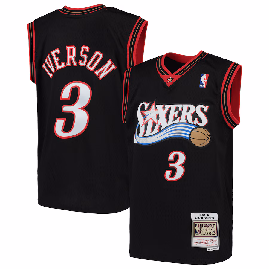 Youth Philadelphia 76ers Allen Iverson Mitchell & Ness Black Hardwood Classics Swingman Throwback Jersey - Puhuasuan