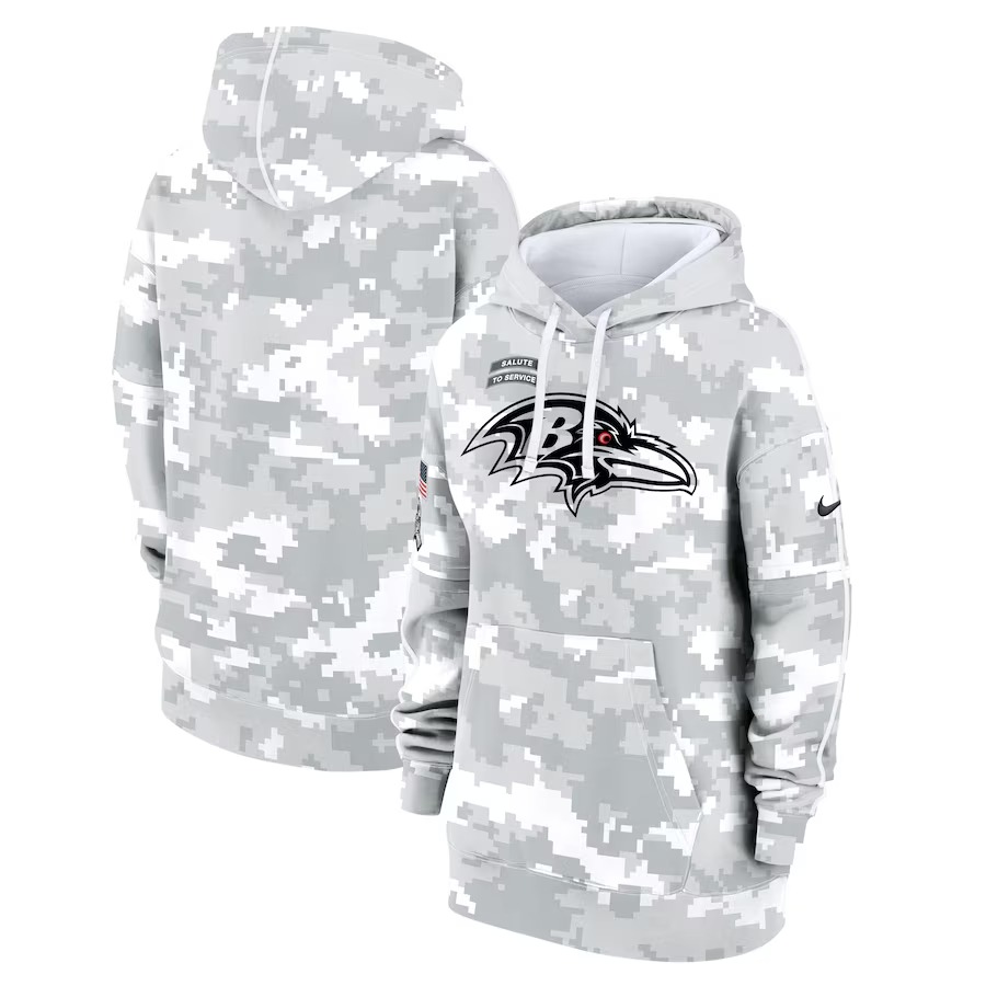 Women's Baltimore Ravens Nike Arctic Camo 2024 Salute To Service Club Fleece Pullover Hoodie - Puhuasuan