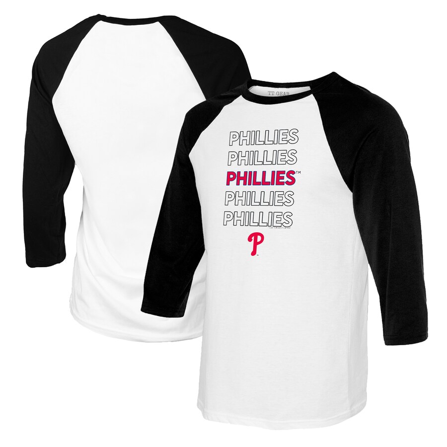 Women's Philadelphia Phillies Tiny Turnip White/Black Stacked 3/4-Sleeve Raglan T-Shirt - Puhuasuan