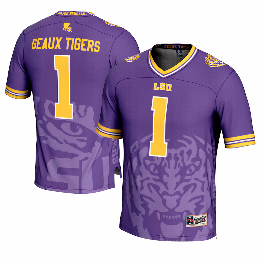 Men's GameDay Greats #1 Purple LSU Tigers Icon Print Football Fashion Jersey - Puhuasuan