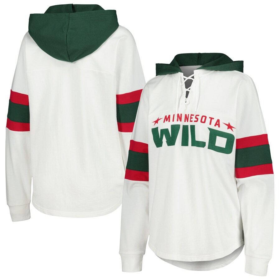 Women's Minnesota Wild G-III 4Her by Carl Banks White/Green Goal Zone Long Sleeve Lace-Up Hoodie T-Shirt - Puhuasuan