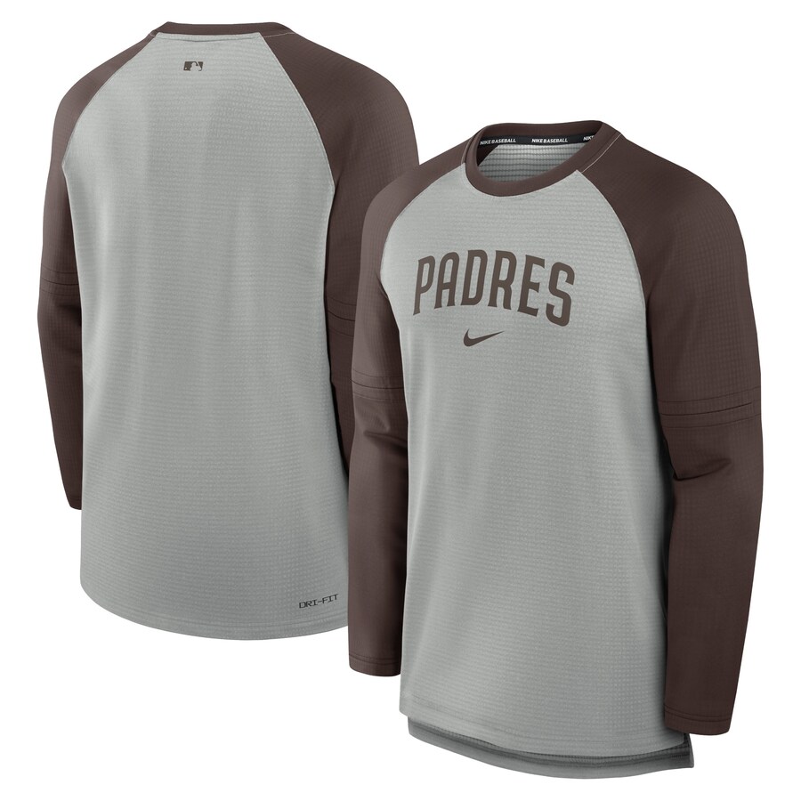Men's San Diego Padres Nike Heather Gray/Brown Authentic Collection Game Time Raglan Performance Long Sleeve T-Shirt - Puhuasuan