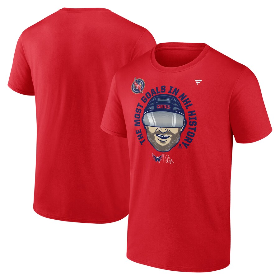 Men's Washington Capitals Alexander Ovechkin Fanatics Athletic Red NHL All-Time Leading Goal Scorer Caricature T-Shirt - Puhuasuan