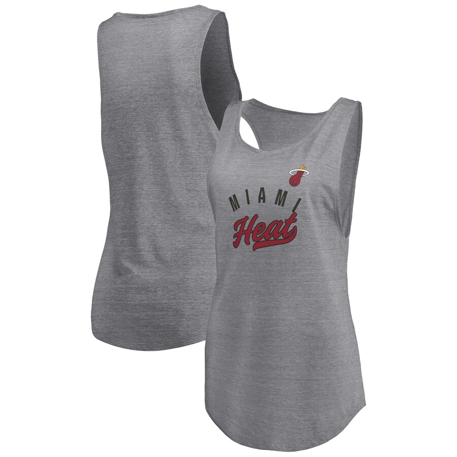 Women's Miami Heat Fanatics Heathered Gray Quality Time Open Scoop Neck Tri-Blend Tank Top - Puhuasuan