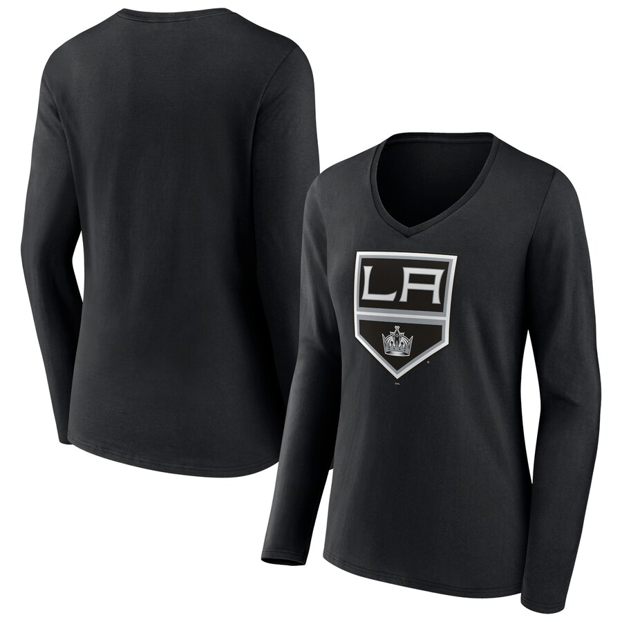 Women's Los Angeles Kings Black Team Logo Long Sleeve V-Neck T-Shirt - Puhuasuan