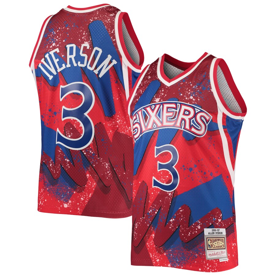 Men's Philadelphia 76ers Allen Iverson Mitchell & Ness Red Hardwood Classics 1996/97 Hyper Hoops Swingman Jersey - Puhuasuan