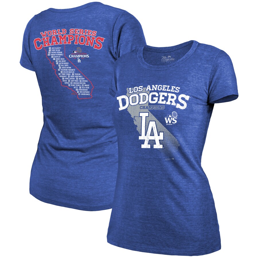 Women's Los Angeles Dodgers Majestic Threads Royal 2024 World Series Champions Tri-Blend Roster T-Shirt - Puhuasuan