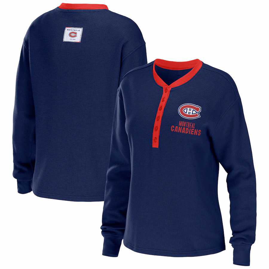 Women's Montreal Canadiens WEAR by Erin Andrews Navy Waffle Henley Long Sleeve T-Shirt - Puhuasuan