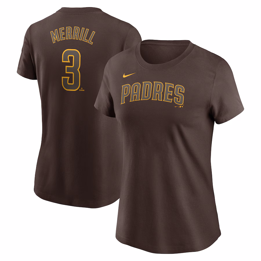 Women's San Diego Padres Jackson Merrill Nike Brown Fuse Name & Number T-Shirt - Puhuasuan