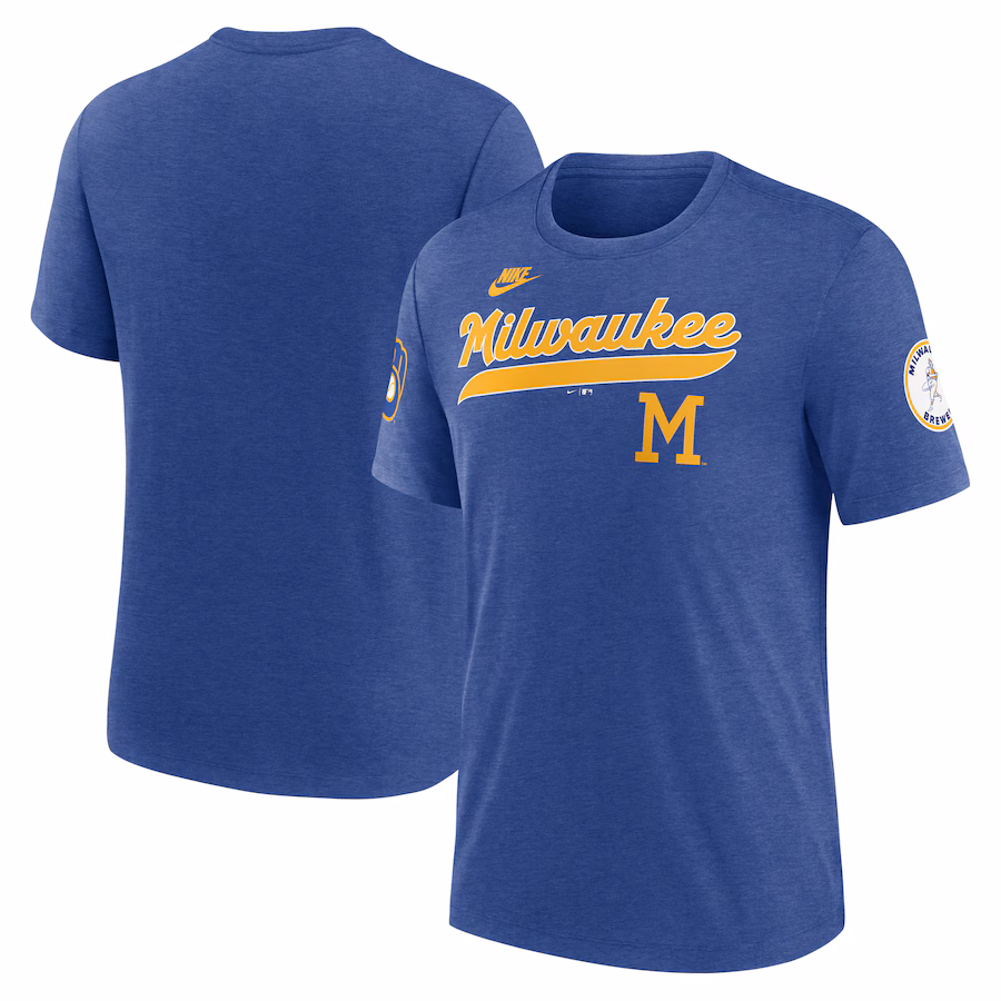 Men's Milwaukee Brewers Nike Heather Royal Cooperstown Collection Eras Tri-Blend T-Shirt - Puhuasuan