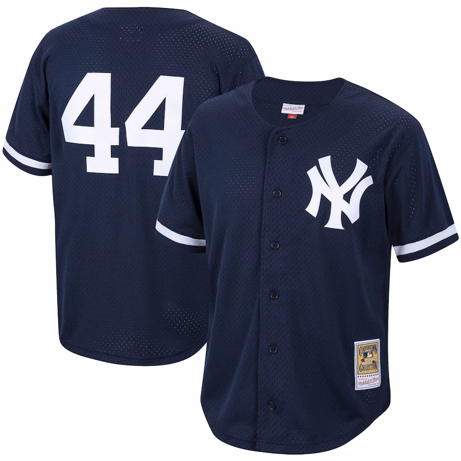 Men's New York Yankees Reggie Jackson Mitchell & Ness Navy Cooperstown Collection Mesh Batting Practice Button-Up Jersey - Puhuasuan