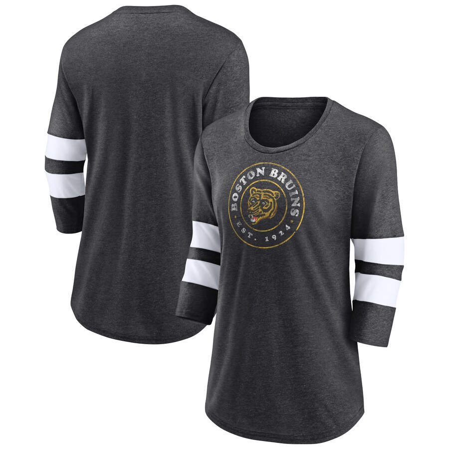Women's Boston Bruins Fanatics Heather Charcoal One Timer Tri-Blend Scoop Neck 3/4-Sleeve T-Shirt - Puhuasuan