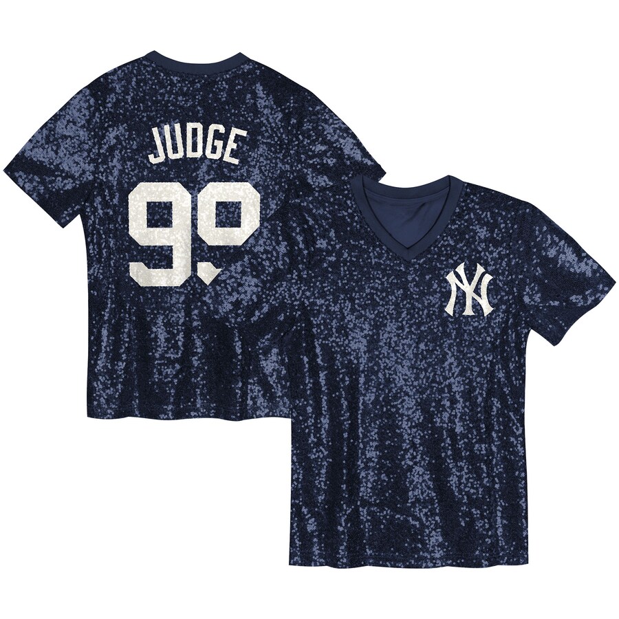 Juniors New York Yankees Aaron Judge Navy Name & Number Sequin V-Neck Top - Puhuasuan