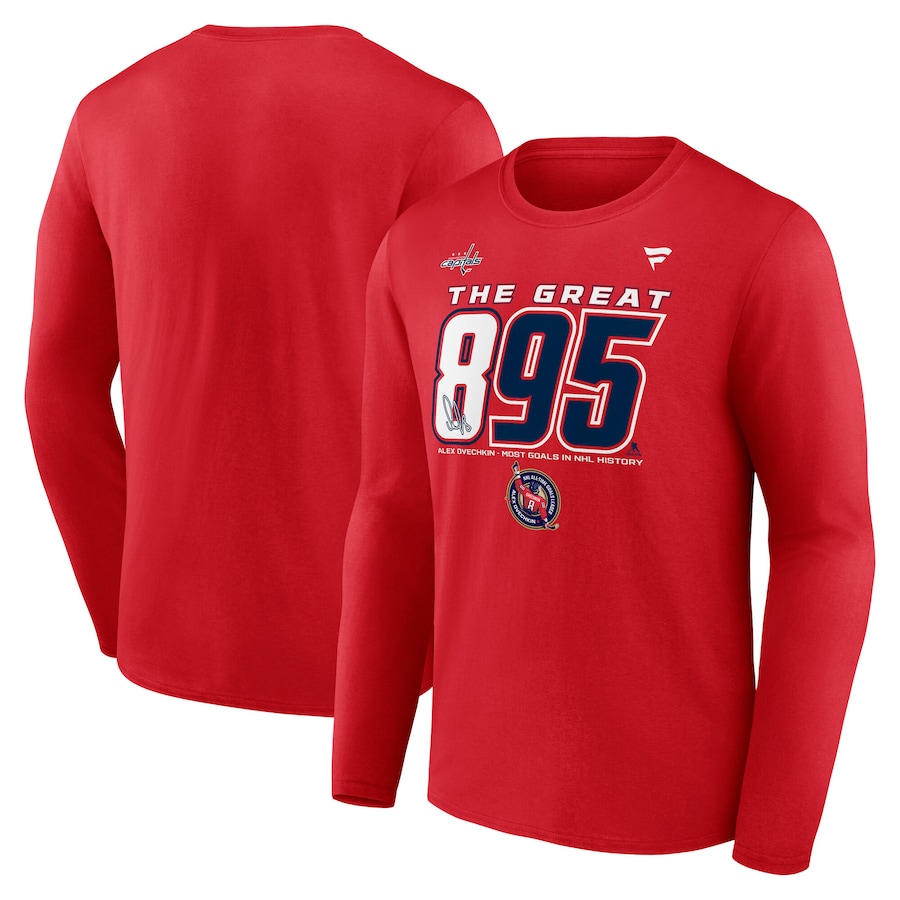 Men's Washington Capitals Alexander Ovechkin Fanatics Athletic Red NHL All-Time Leading Goal Scorer The Great 895 Long Sleeve T-Shirt - Puhuasuan