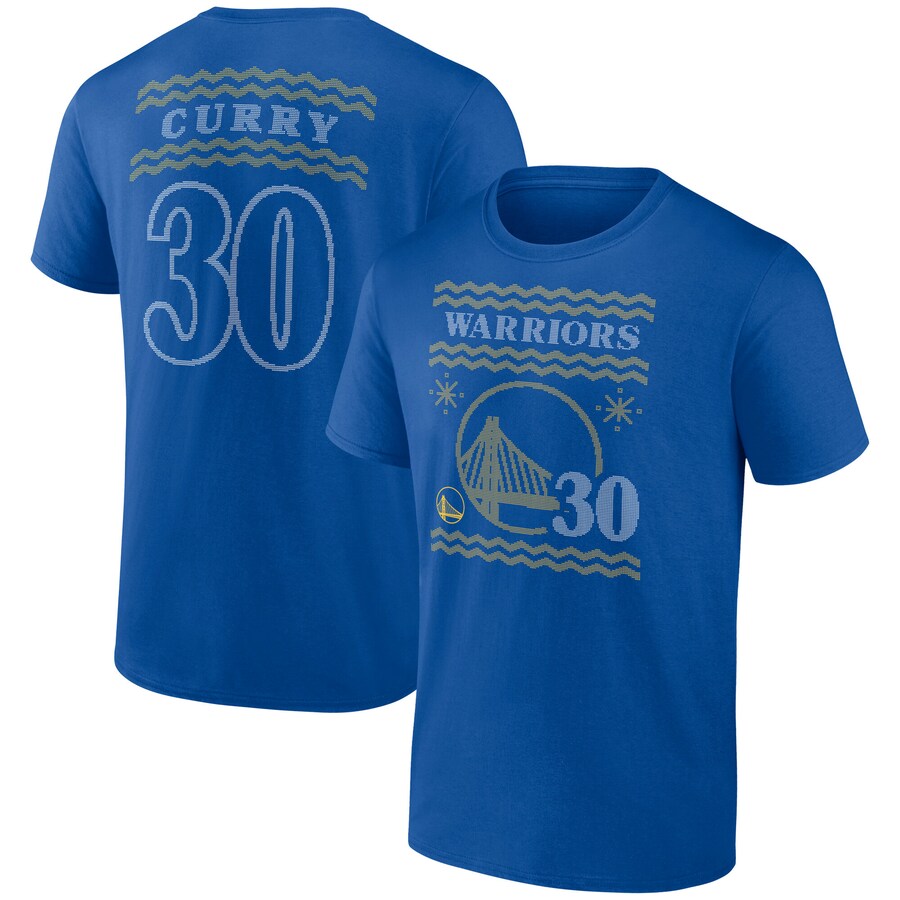 Men's Golden State Warriors Stephen Curry Royal Ugly Sweater Name & Number T-Shirt - Puhuasuan