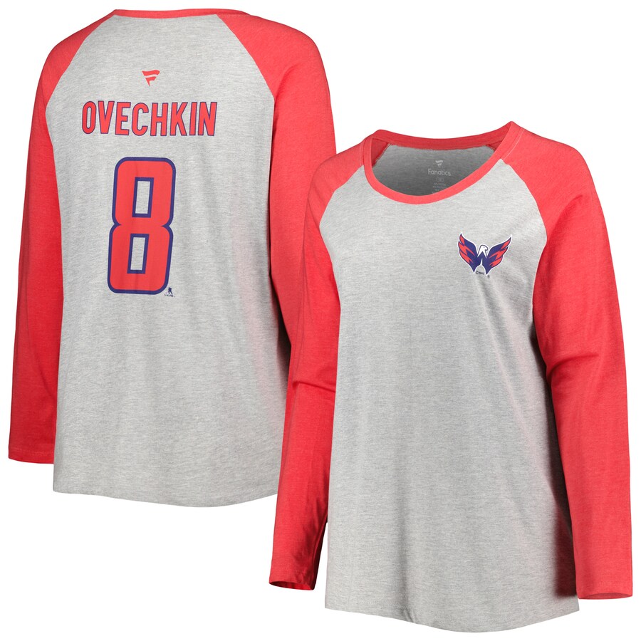 Women's Washington Capitals Alexander Ovechkin Fanatics Heather Gray/Heather Red Plus Size Name & Number Raglan Long Sleeve T-Shirt - Puhuasuan