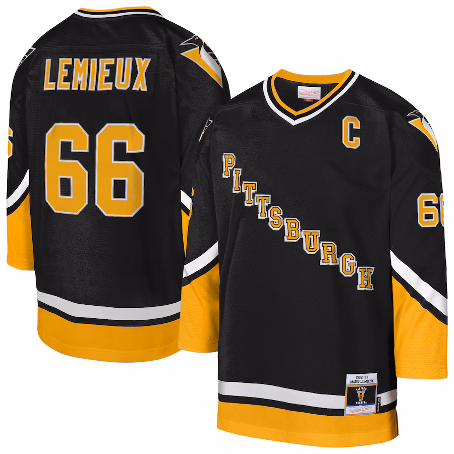 Youth Pittsburgh Penguins Mario Lemieux Mitchell & Ness Gold 1992/93 Captain Patch Blue Line Player Jersey - Puhuasuan