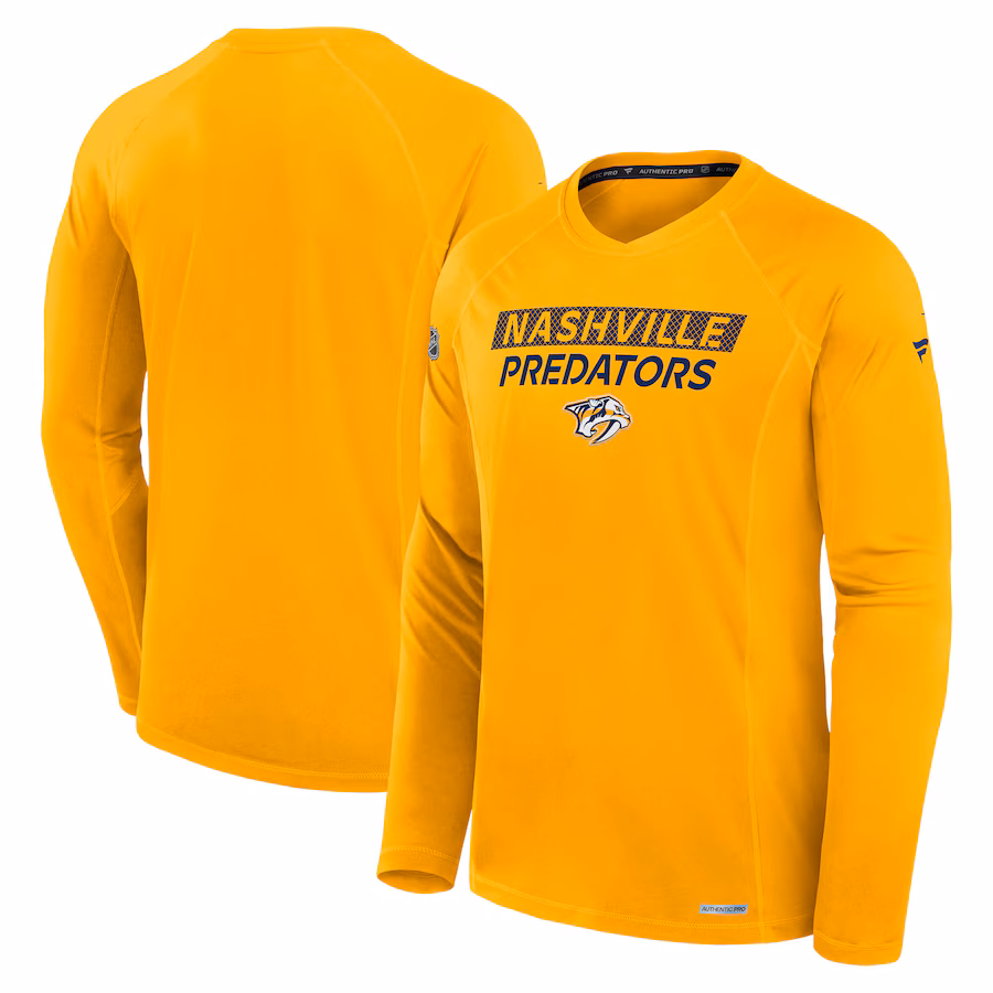 Men's Nashville Predators Fanatics Gold Authentic Pro Rink Tech Long Sleeve T-Shirt - Puhuasuan