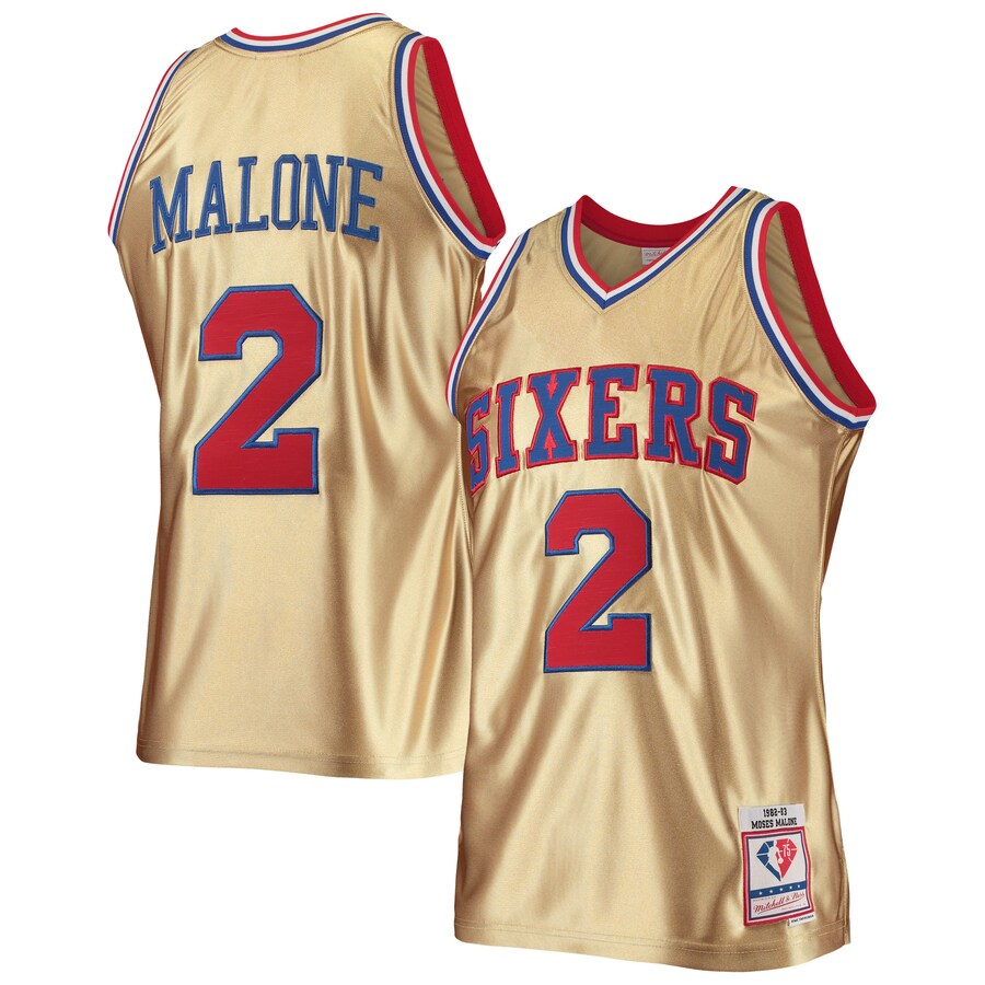 Men's Philadelphia 76ers Moses Malone Gold Mitchell & Ness 75th Anniversary 1982/83 Hardwood Classics Swingman Jersey - Puhuasuan