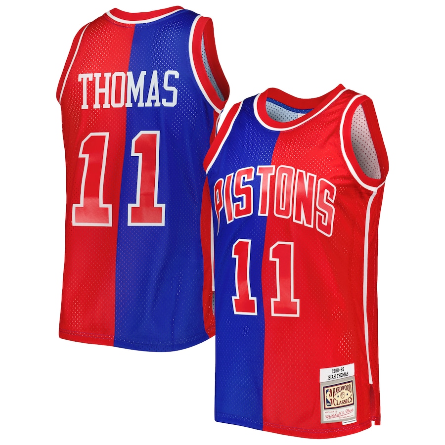 Men's Detroit Pistons Isiah Thomas Mitchell & Ness Blue/Red Hardwood Classics 1988/89 Split Swingman Jersey - Puhuasuan