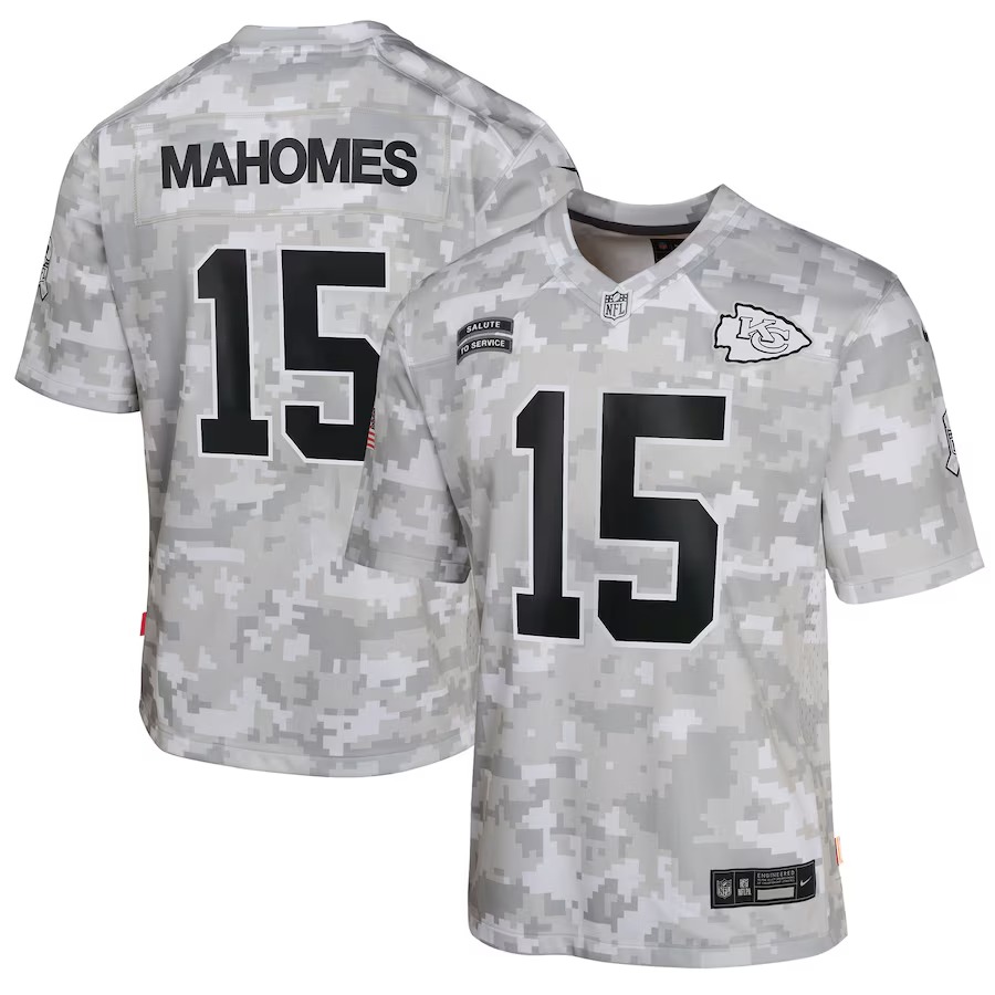 Youth Kansas City Chiefs Patrick Mahomes Nike Arctic Camo 2024 Salute to Service Game Jersey - Puhuasuan