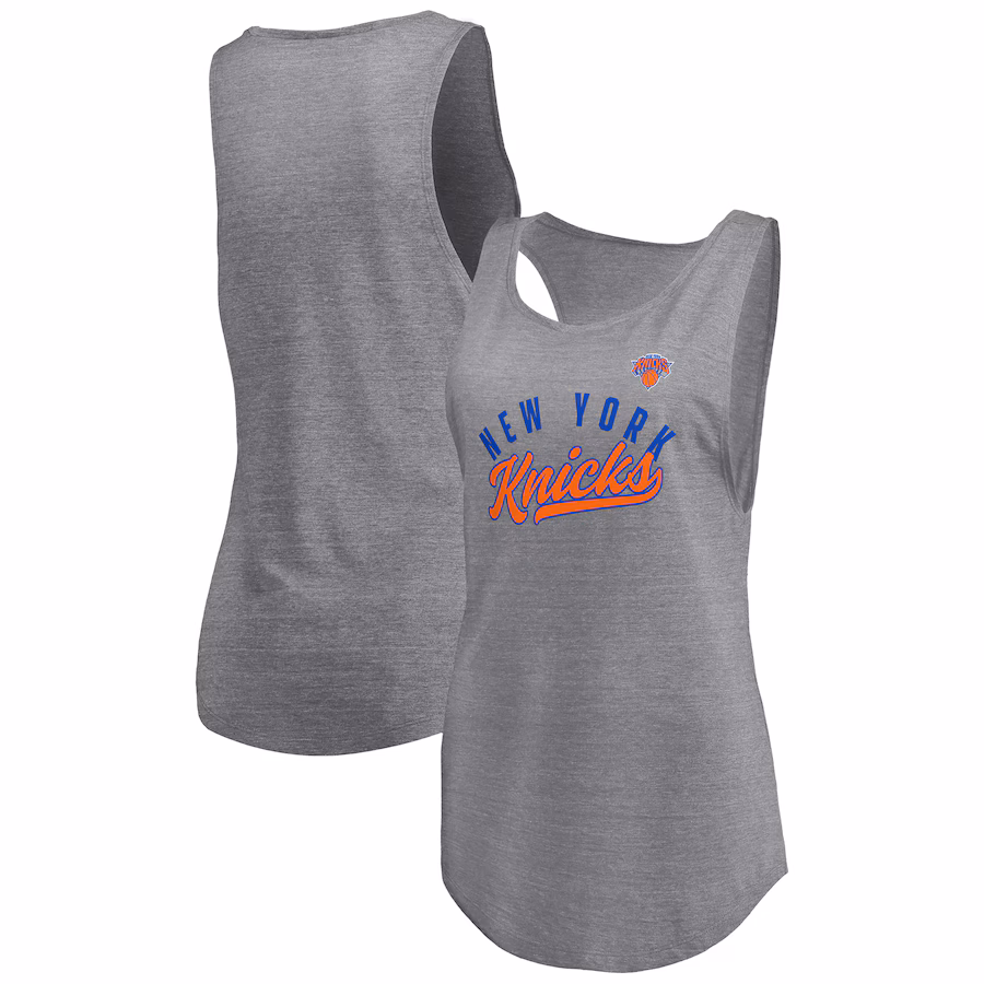 Women's New York Knicks Fanatics Heathered Gray Quality Time Open Scoop Neck Tri-Blend Tank Top - Puhuasuan