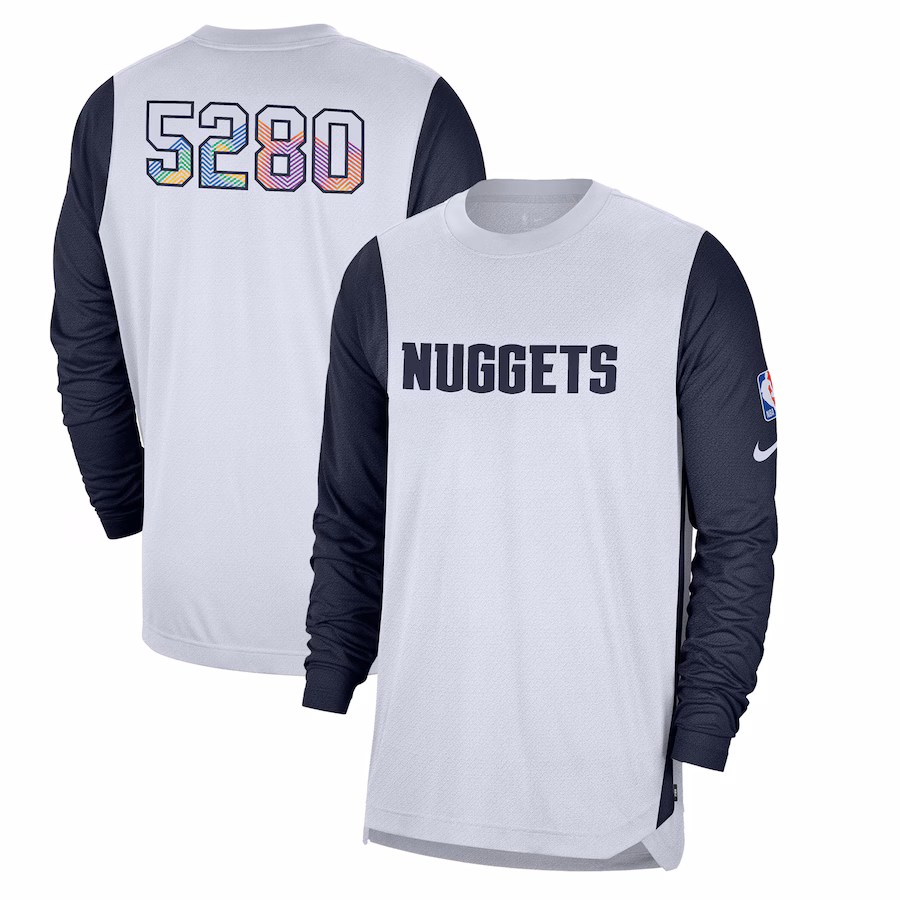 Men's Denver Nuggets Nike White 2024/25 City Edition Authentic Pregame Performance Long Sleeve Shooting T-Shirt - Puhuasuan