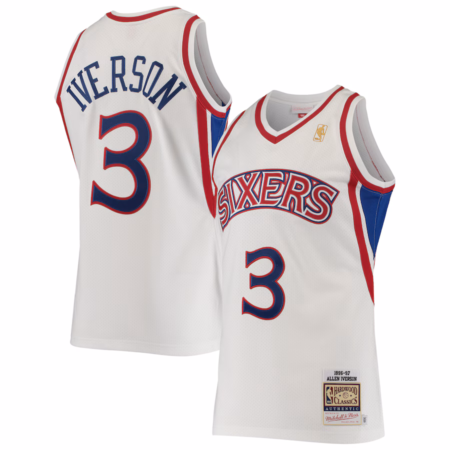 Men's Philadelphia 76ers Allen Iverson Mitchell & Ness White 1996/97 Hardwood Classics Authentic Jersey - Puhuasuan