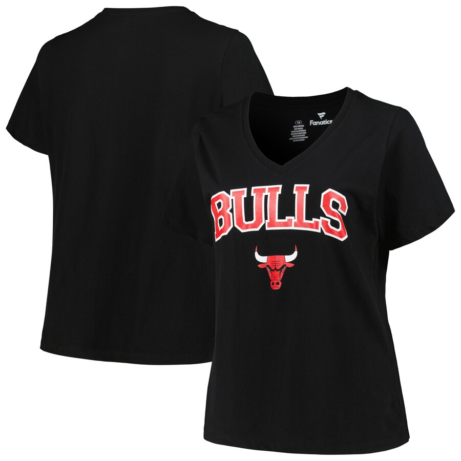 Women's Chicago Bulls Profile Black Plus Size Arch Over Logo V-Neck T-Shirt - Puhuasuan