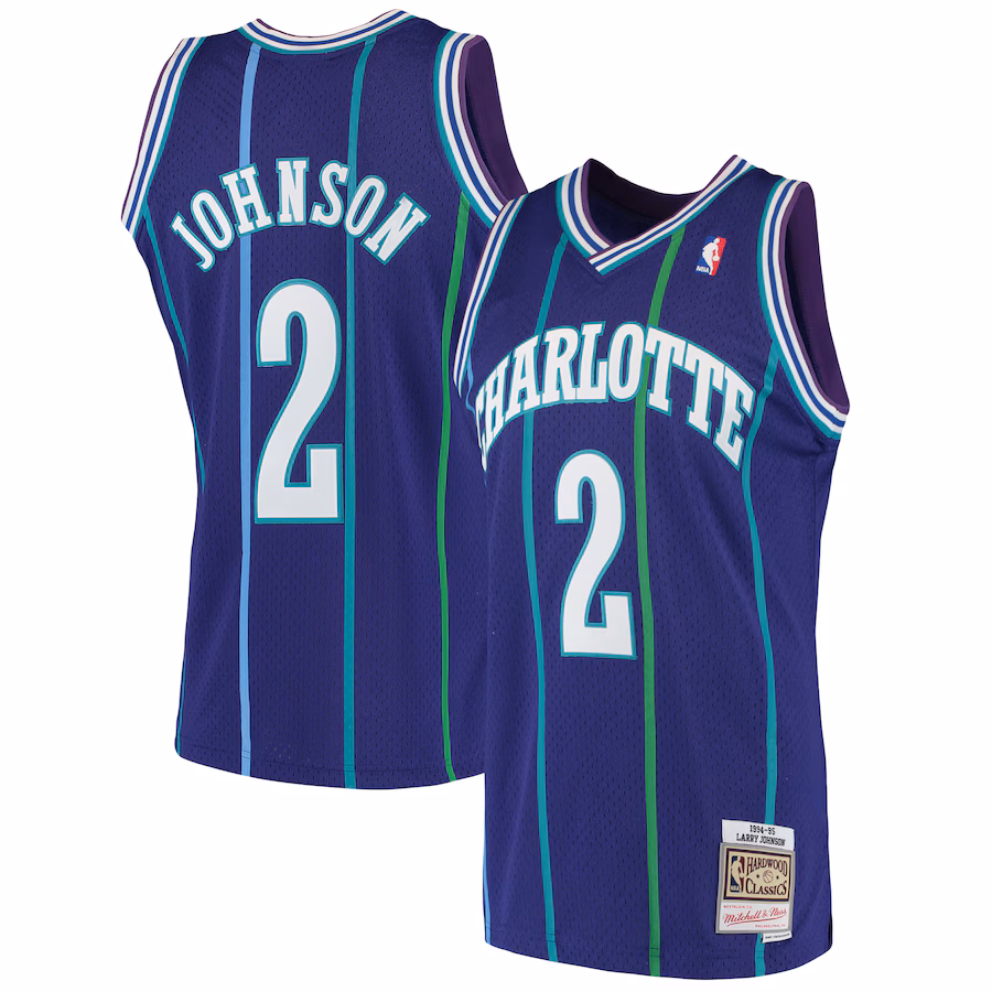 Men's Charlotte Hornets Larry Johnson Mitchell & Ness Purple 1994/95 Hardwood Classics Swingman Jersey - Puhuasuan