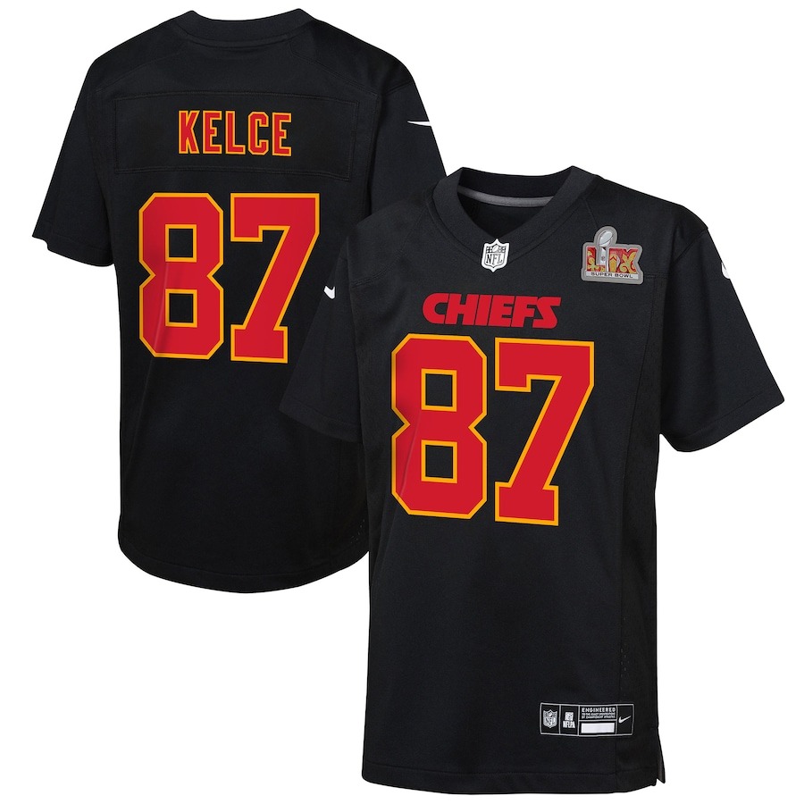 Youth Kansas City Chiefs Travis Kelce Nike Carbon Black Super Bowl LIX Patch Fashion Game Jersey - Puhuasuan